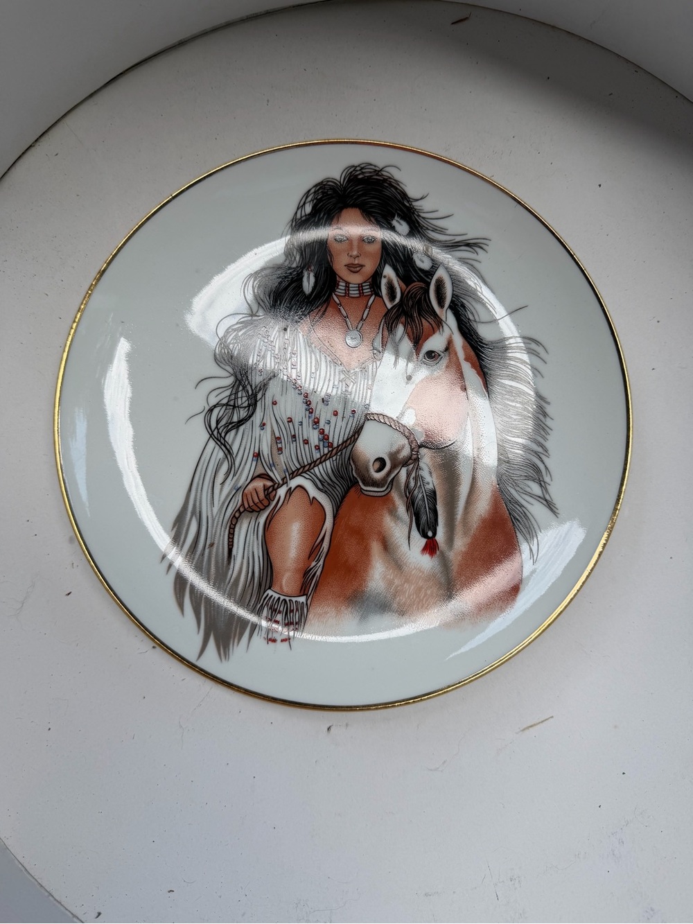 Decorative Porcelain Plate with Native Woman and Horse Motif - White & Brown